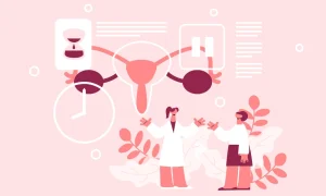 Infografía médica de estilo plano con dos mujeres (una doctora y una paciente) conversando sobre un fondo rosa monocromático con motivos florales. En la parte superior hay una representación esquemática del sistema reproductivo femenino, flanqueada por un icono de reloj de arena y un icono de pausa, ambos asociados con el paso del tiempo y la fertilidad.