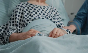 Paciente hospitalizada durante un tratamiento contra el cáncer, acompañada por personal médico.